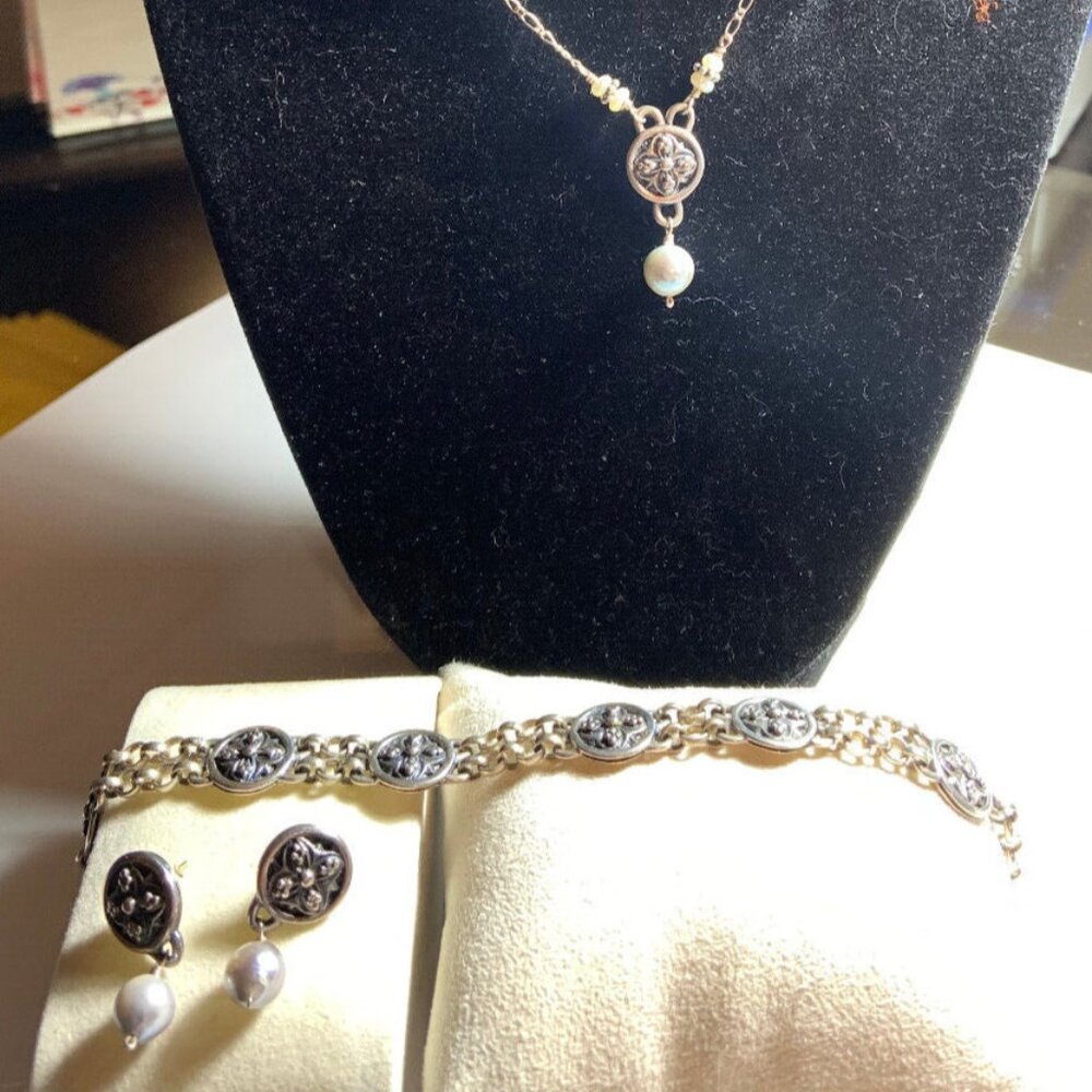 Mignon Faget Romanesque Sterling Silver 925 Pearl Necklace Earrings Bracelet Set